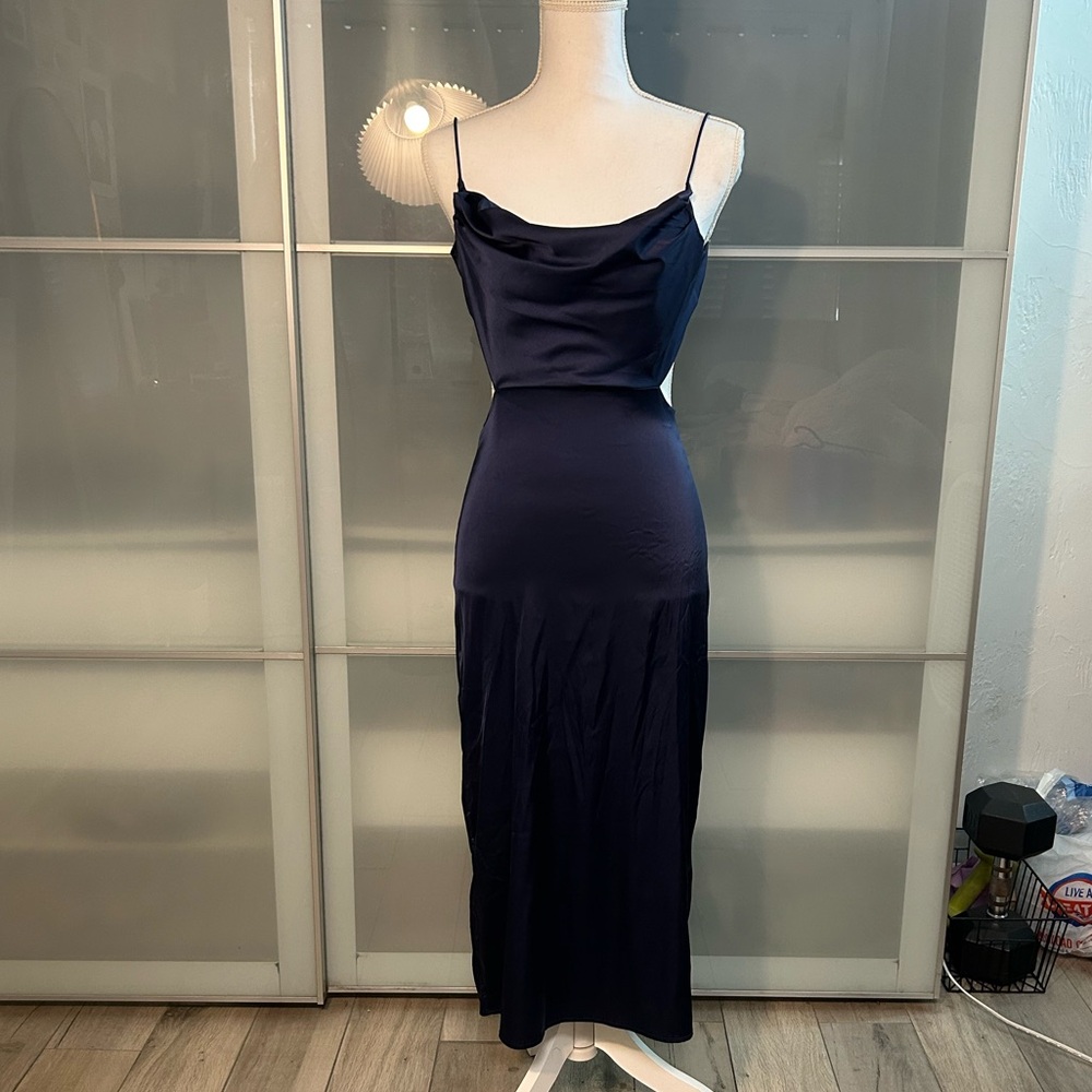 Elegant Navy Blue Slip Dress cowl neck open back